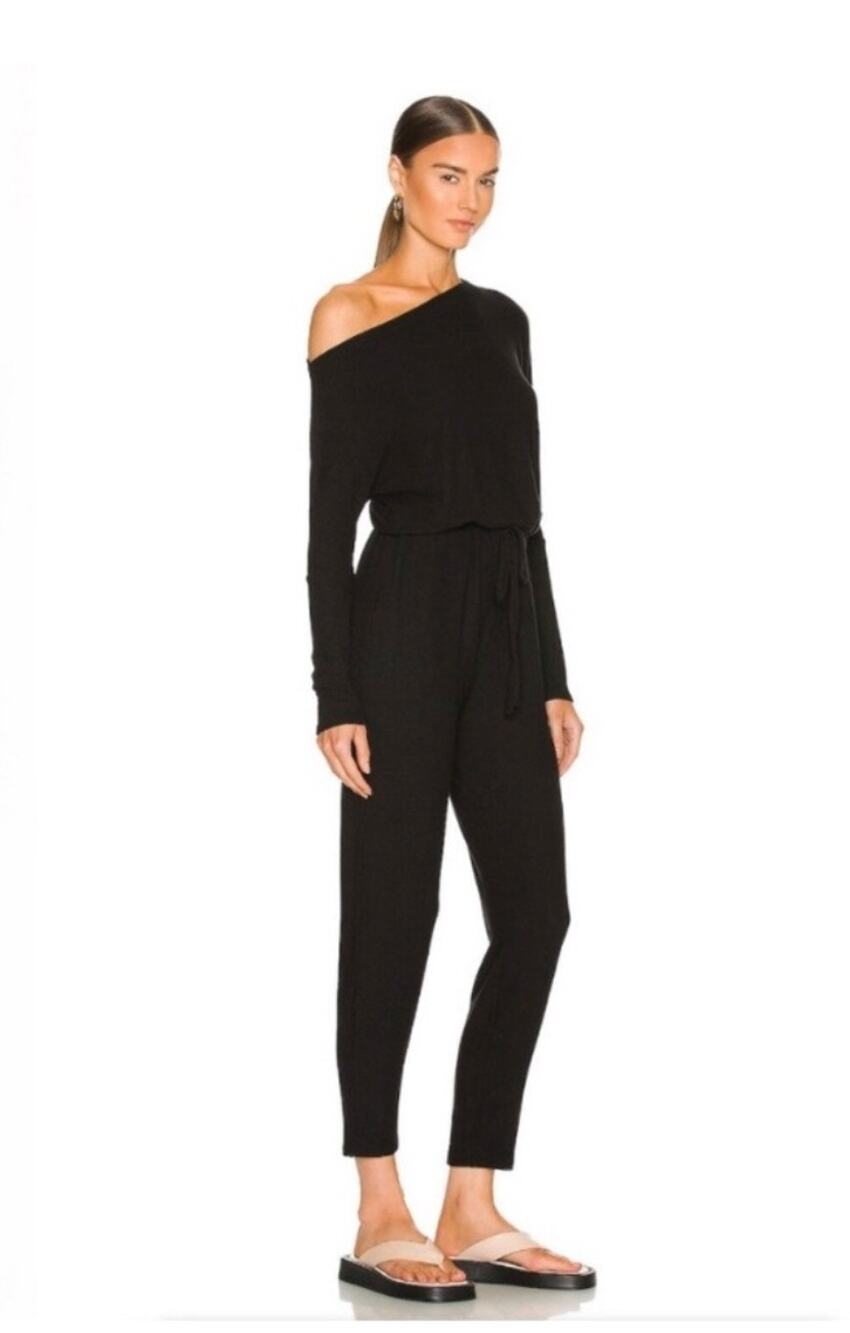 Enza Costa One-Shoulder Draped Knit Peach Jersey Slouchy Jumpsuit Black size M